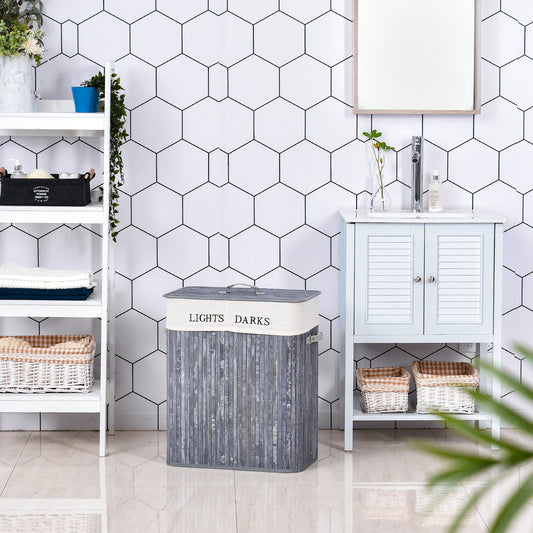 Collapsible Natural Wood Laundry Hamper Organizer Clothes Washing Basket Bin Storage Box w/Lid Removable Lining 52x32x63cm, Grey 100L