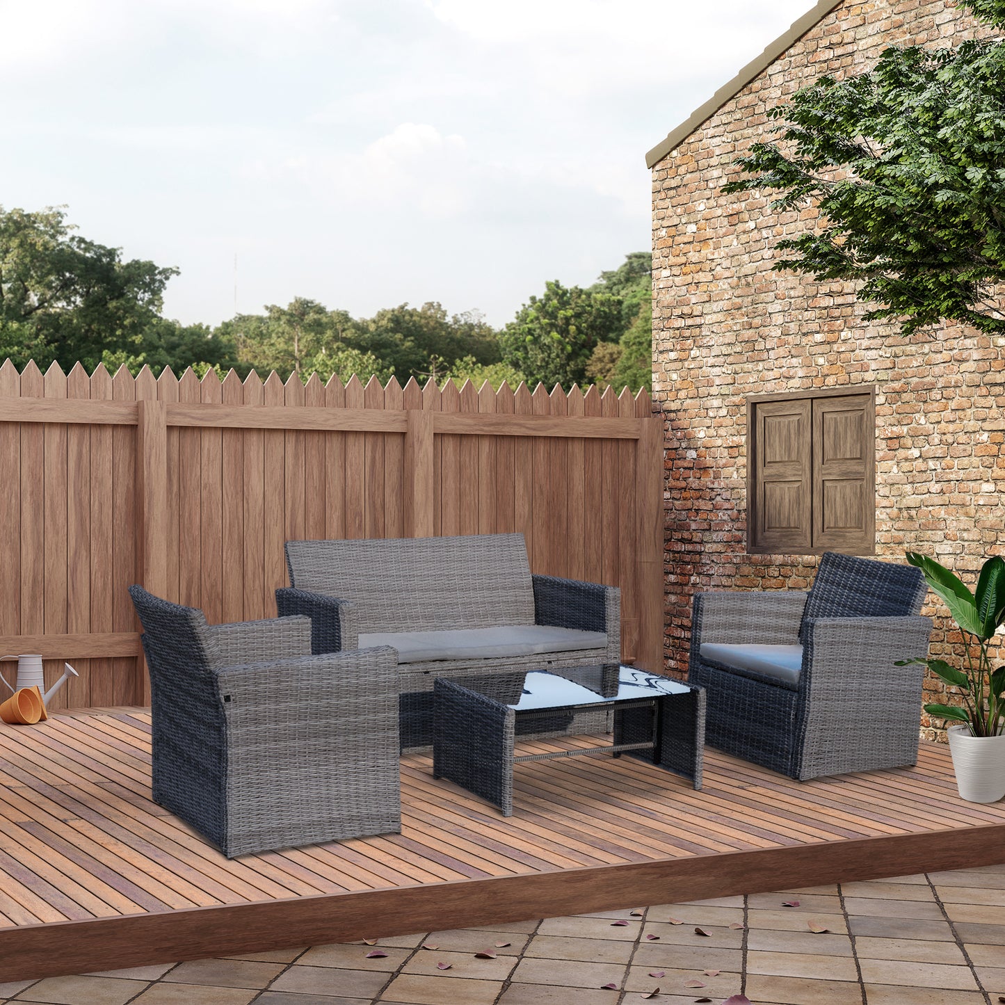 Outsunny 4-Seater Rattan Garden Furniture Sofa Set Outdoor Patio Wicker Weave 2-seater Bench Chairs & Coffee Table, Grey