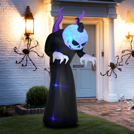 7ft Inflatable Halloween Ghost with Horns, Blow-Up Outdoor LED Display with Flame Effect for Garden, Lawn, Party, Holiday