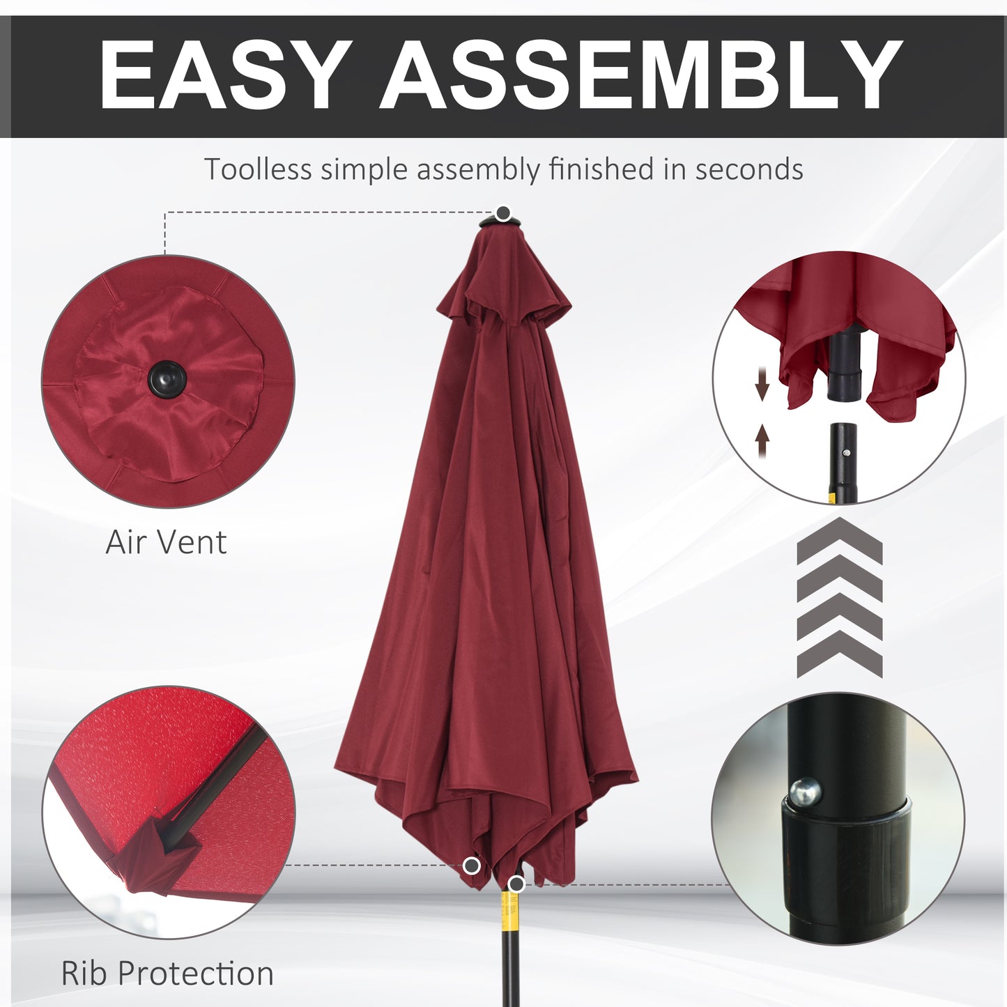 Outsunny Wine Red 9ft Aluminum Sun Shade Pole Patio Umbrella Outdoor Market Café Yard Gazebo Cover