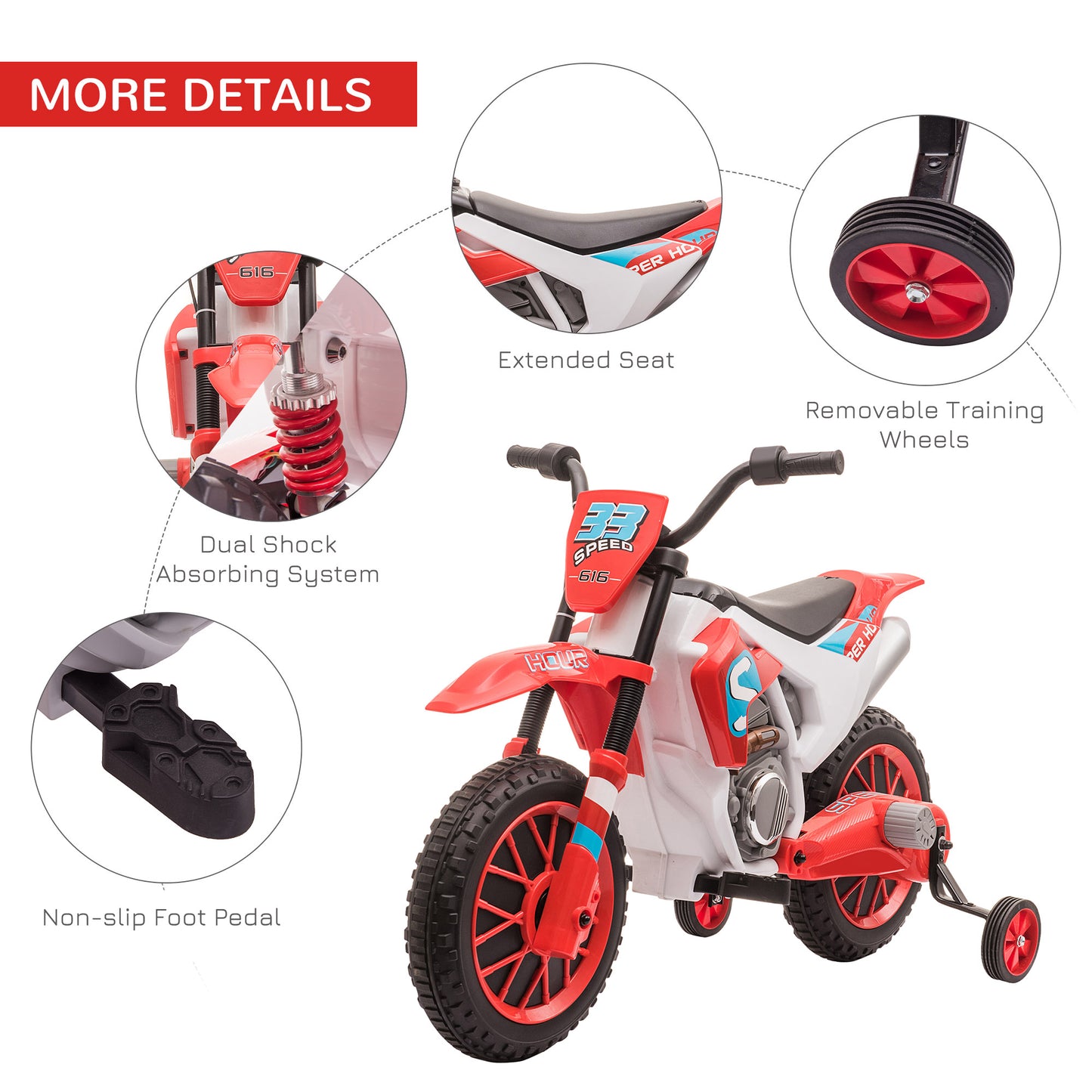 Kids 12V Electric Motorcycle Ride-On, with Training Wheels, for Ages 3-6 Years - Red