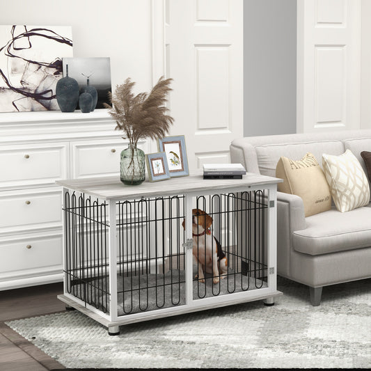 Large Dog Crate Furniture Side Table | Washable Cushion | Lockable Door | Steel Wire Ventilation | Large Dogs up to 35kg | 105 x 68 x 75cm | Graphite