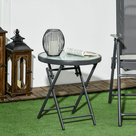 Outsunny Φ45cm Outdoor Side Table, Round Folding Patio Table with Imitation Marble Glass Top, Small Coffee Table, White