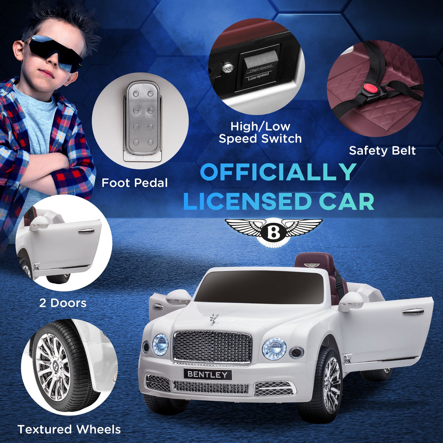 Kids Electric Ride On Bentley Car with Parent Remote, 12V Battery Powered Toy Car with Music Horn Lights MP3 Suspension Wheels for 37-72 Months, White