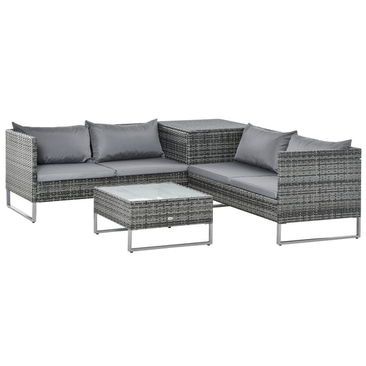 Outsunny 4 Piece Garden Rattan Wicker Outdoor Furniture Patio Corner Sofa Love Seat and Table Set with Cushions Side Desk Storage - Mixed Grey