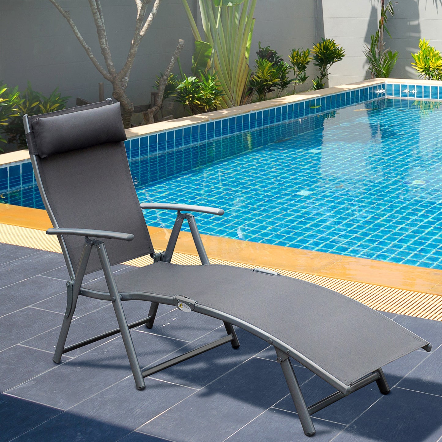Outsunny Texteline Sun Lounger Recliner Chair Patio Foldable Garden 5 Levels Grey