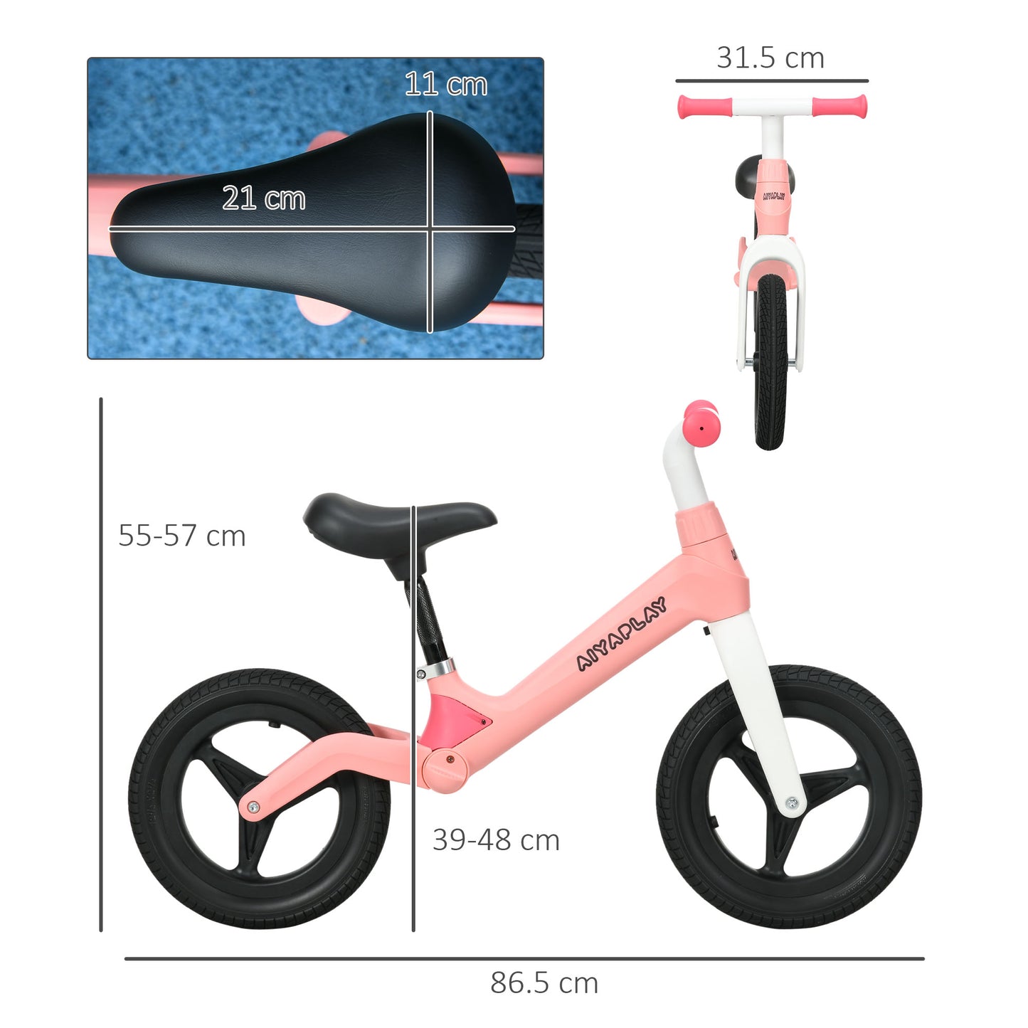 AIYAPLAY Balance Bike Toddler with Adjustable Seat and Handlebar, PU Wheels, No Pedal, Aged 30-60 Months up to 25kg - Pink
