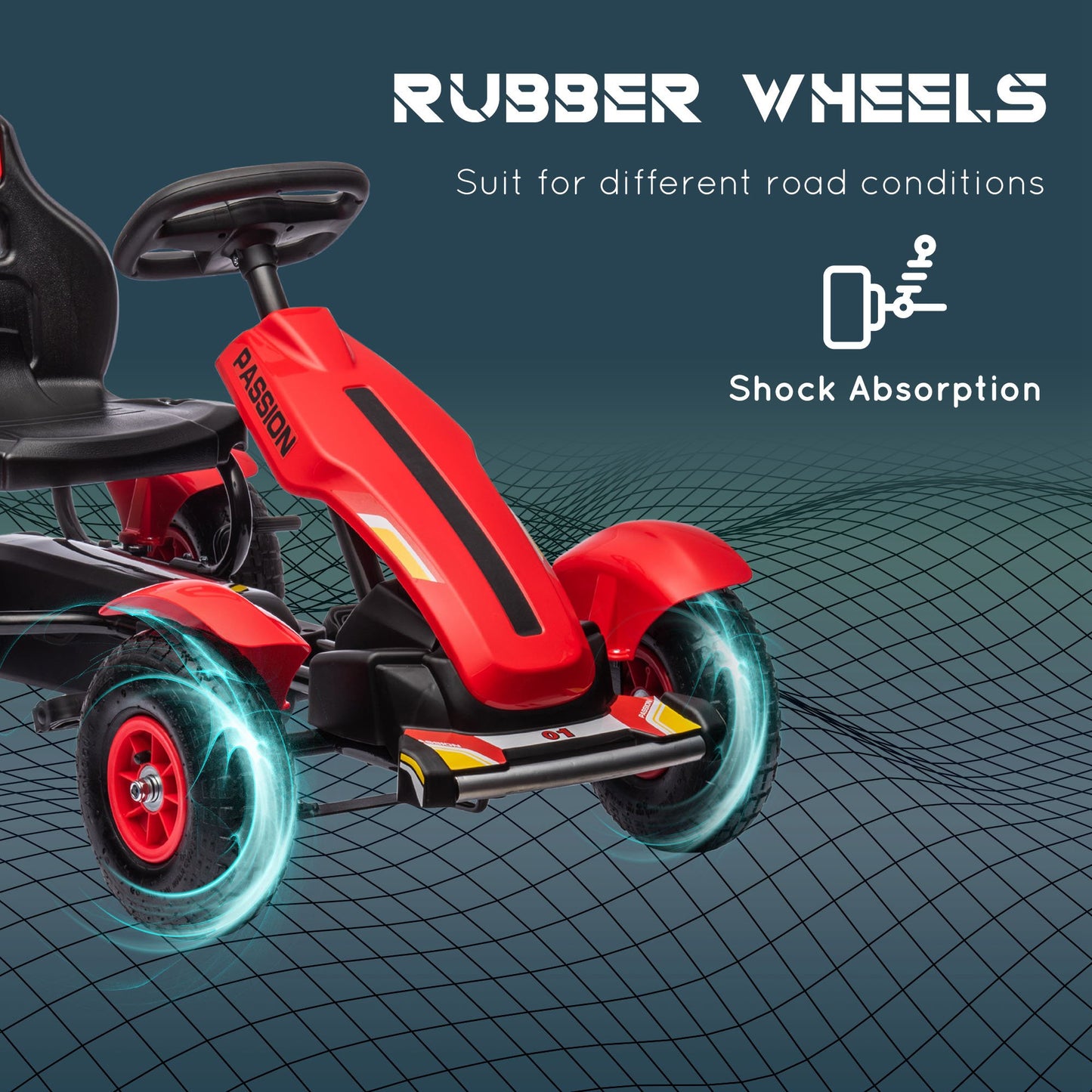 Children's Pedal Go Kart, Kids Ride On Racer with Adjustable Seat, Inflatable Rubber Tyres, Handbrake, for Ages 5-12 Years - Red