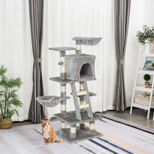 PawHut 1.2m Plush Cat Tree Activity Center with Sisal Scratching Posts Basket Perch Condo, Light Gray