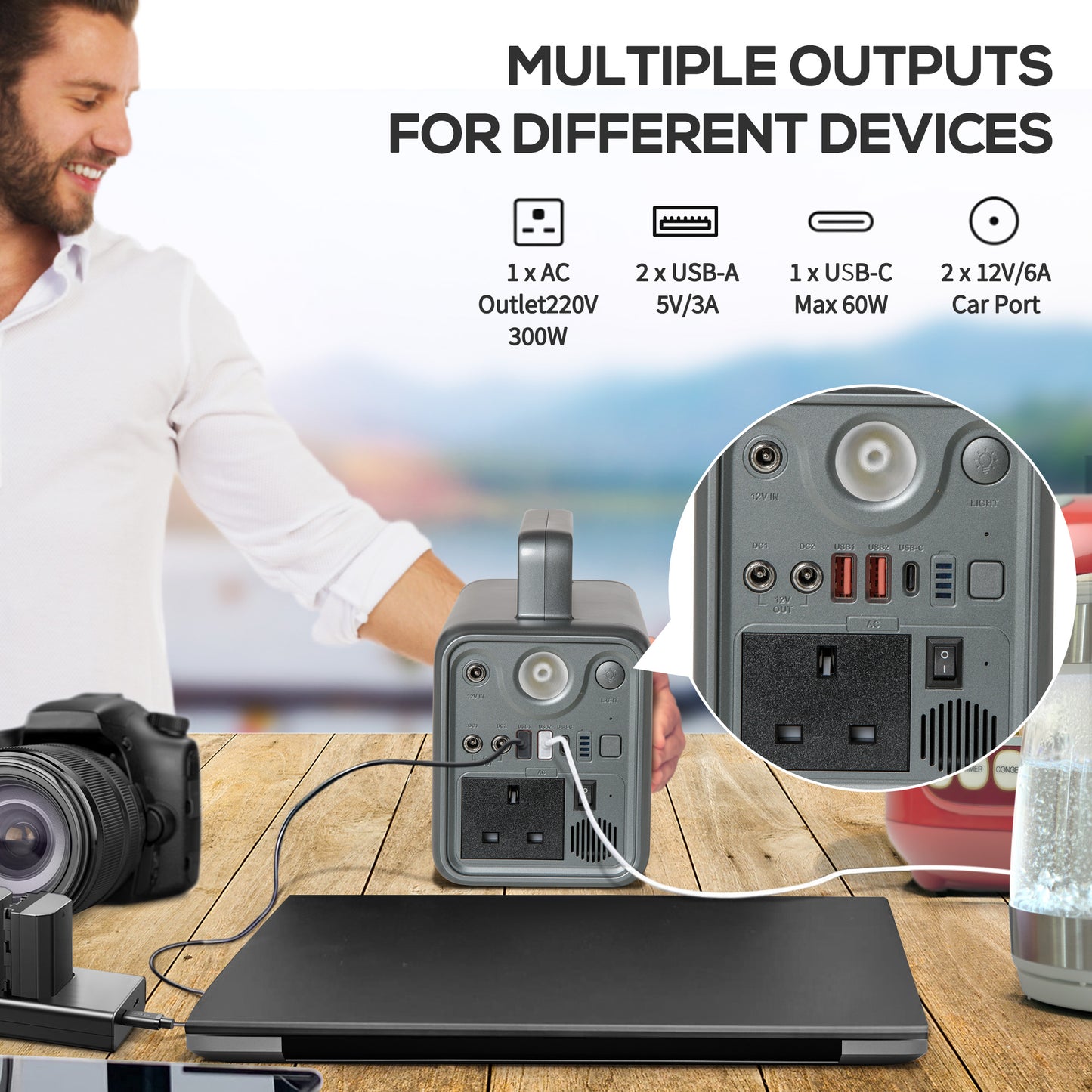 Outsunny Portable Power Station, 230.4Wh LiFePO4 Battery, Three Charging Modes Pure Sine-Wave Battery Backup with AC Outlets, AC/DC/USB/PD/Car Ports