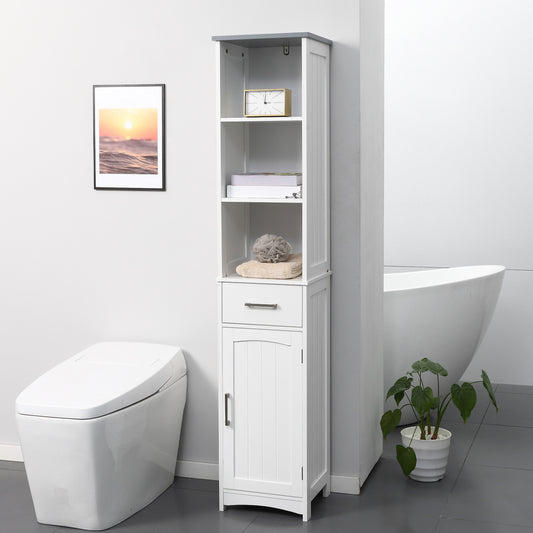 Kleankin Tall Bathroom Storage Cabinet with 3 Tier Shelf, Cupboard, Drawer, Door, Freestanding Linen Tower, Slim Side Organizer, White