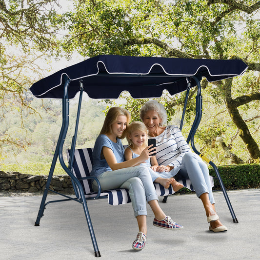 Outsunny 3 Seater Garden Swing Chair, Outdoor Garden Bench with Adjustable Sun Cover and Metal Frame - Blue Stripes