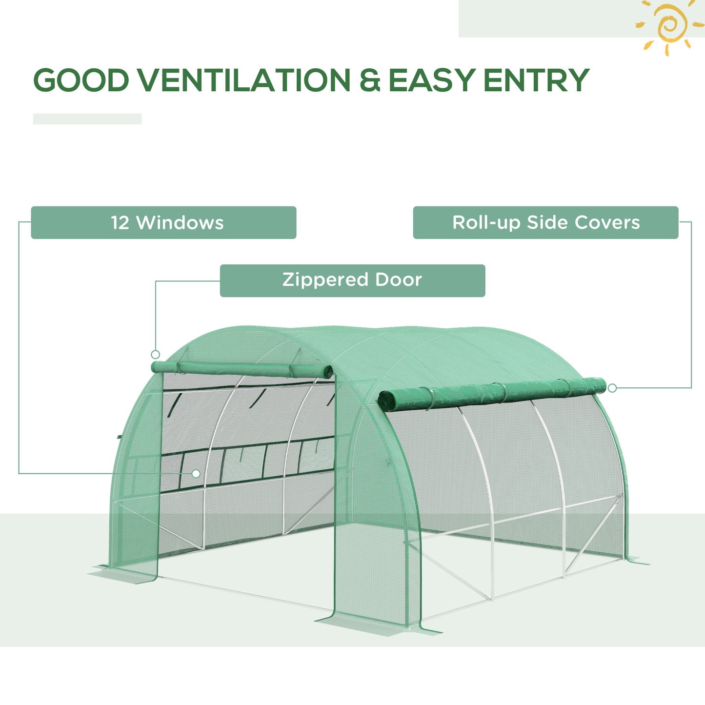 Outsunny Polytunnel Greenhouse Walk-in Grow House Tent with Roll-up Sidewalls, Zipped Door and 6 Windows, 3x3x2m Green