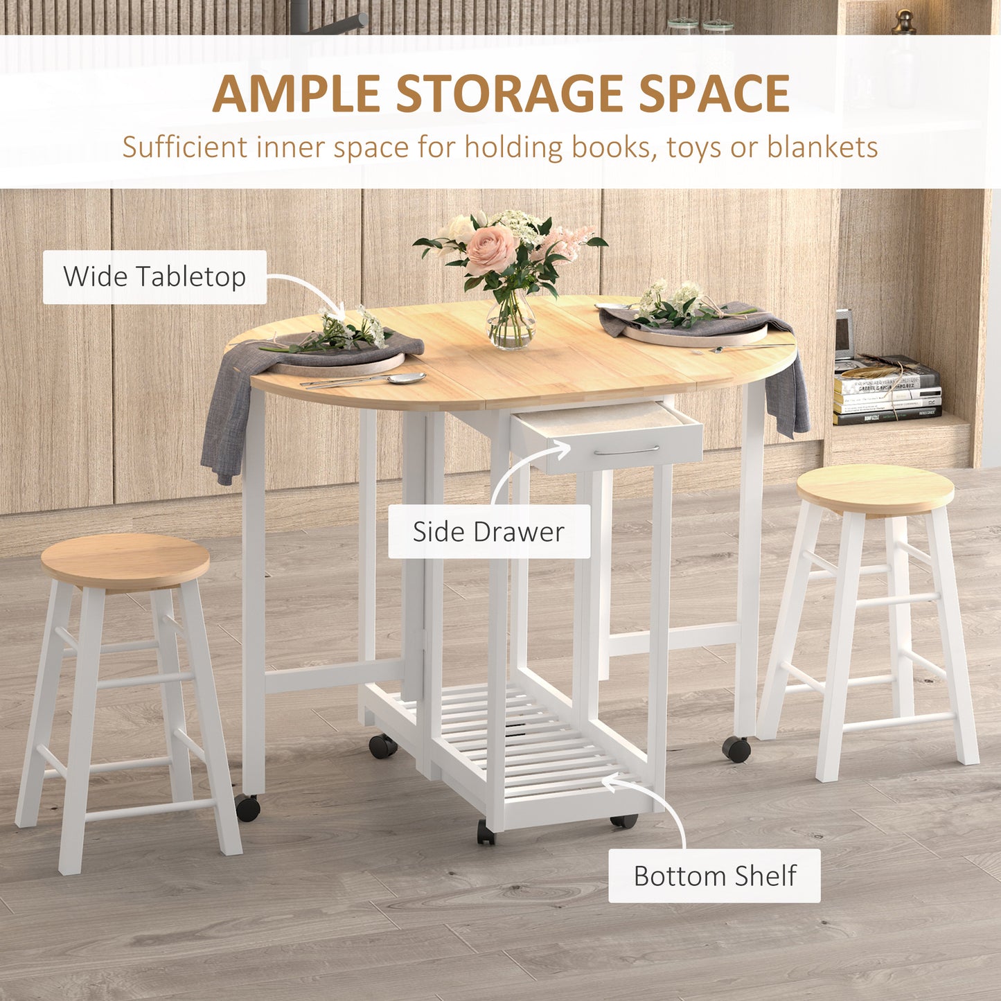 3 Piece Wooden Kitchen Cart Mobile Rolling Trolley Folding Bar Table Two Stools Dining Chair Storage Shelf w/2 Drawers & 6 Wheels