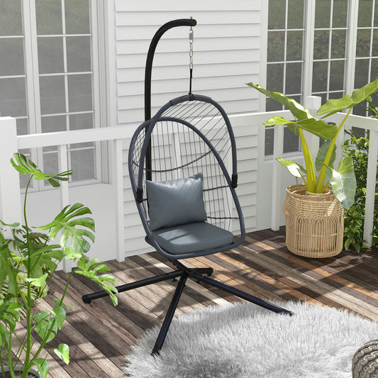 Outdoor PE Rattan Patio Hanging Swing Chair With Cushion, Foldable Basket With Metal Stand, 360° Rotation Spring Hook - Grey