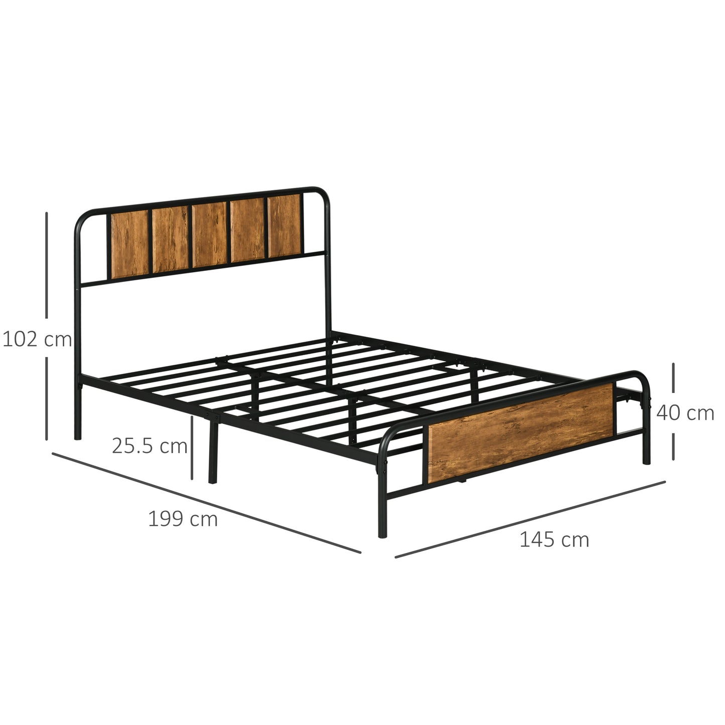 25.5cm Retro Double Bed Frame, Industrial Bed Base with Headboard, Footboard, Steel Slat Support and Under Bed Storage, 145 x 199cm, Rustic Brown