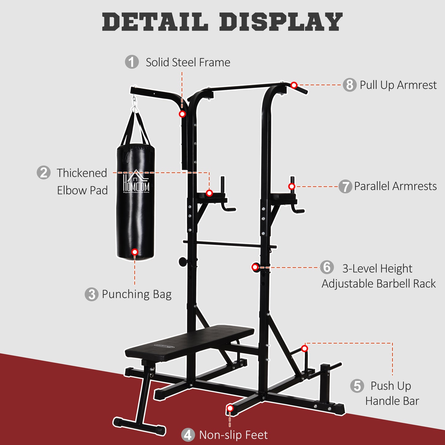 Home Gym Power Tower with Bench and Punching Bag, Multi-Function Adjustable Dip Sit Up Workout Station Equipment Heavy Duty for Home