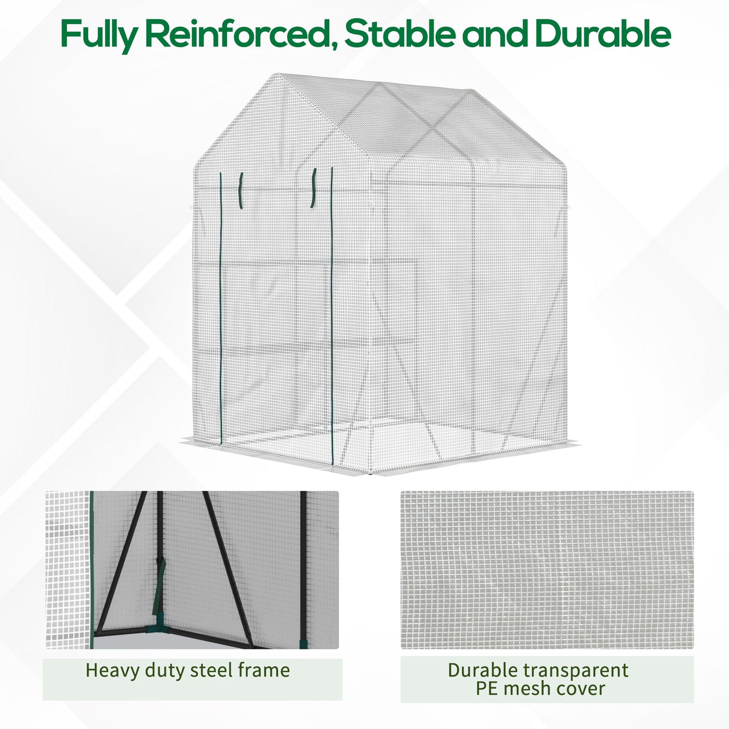 Outsunny Walk-In Greenhouse Portable Gardening Plant Grow House with 2 Tier Shelf, Roll-Up Zippered Door and PE Cover, 143 x 143 x 195 cm