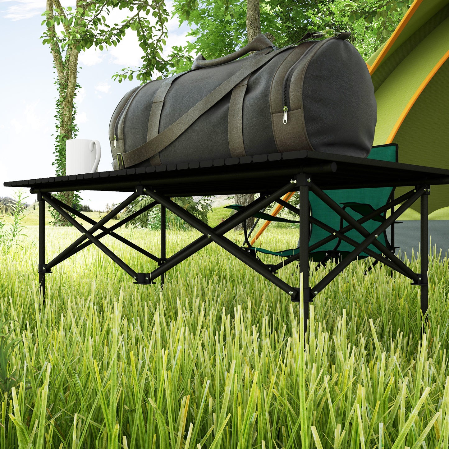 Outsunny Portable Aluminium Picnic Camping Table, Lightweight Folding With Roll Up Top, Carry Bag For Outdoor Camping - Black