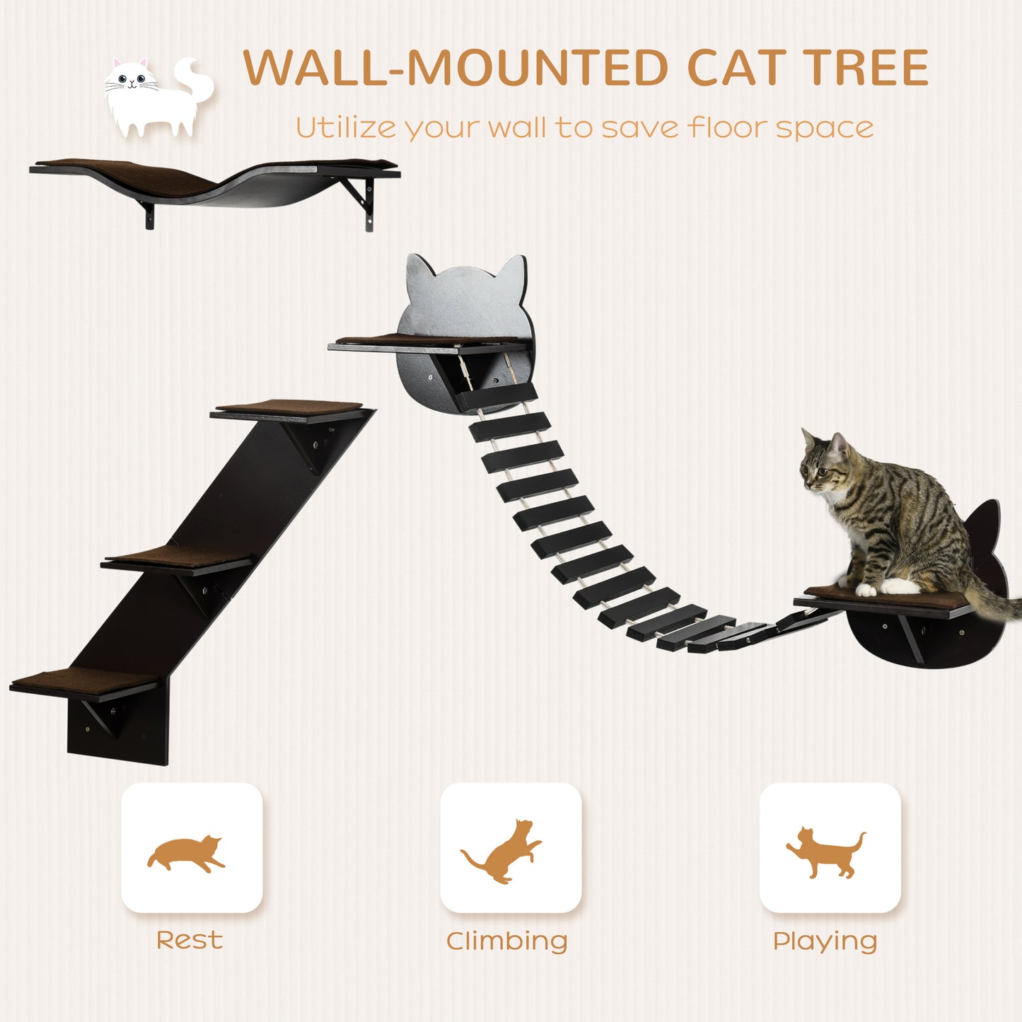PawHut 3 Piece Wall-mounted Cats Shelves, Cat Climbing Shelf Set, Kitten Activity Center with Jumping Platforms, Ladders, Coffee Brown
