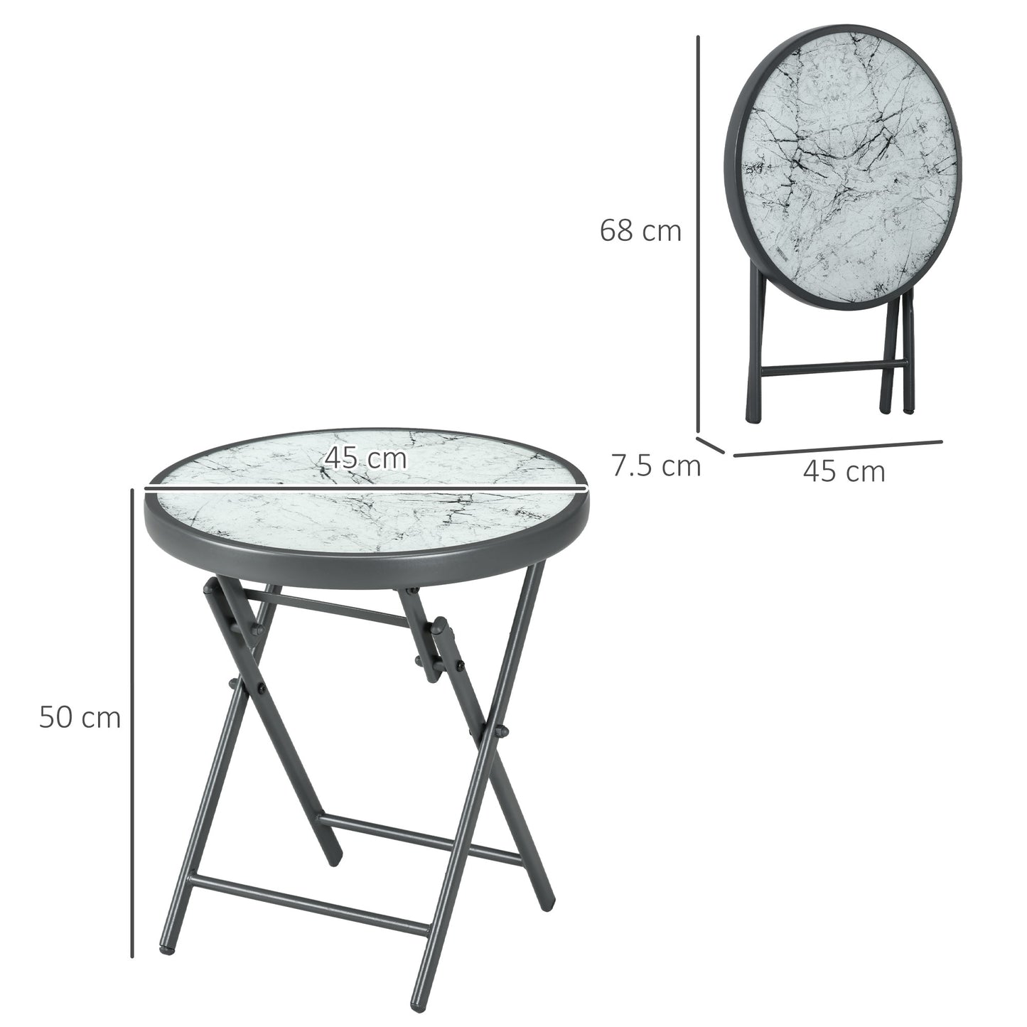Outsunny Φ45cm Outdoor Side Table, Round Folding Patio Table with Imitation Marble Glass Top, Small Coffee Table, White