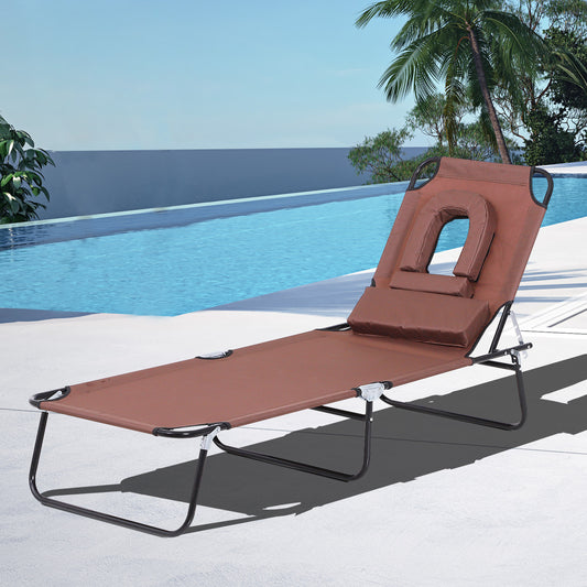 Outsunny Sun Lounger Foldable Reclining Chair with Pillow and Reading Hole Garden Beach Outdoor Recliner Adjustable Brown