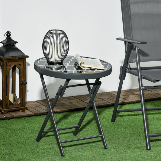 Outsunny Φ45cm Outdoor Side Table, Round Folding Patio Table with Imitation Marble Glass Top, Small Coffee Table, Black