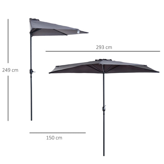 Outsunny 3 m Half Round Umbrella Parasol-Grey Polyester/Aluminum