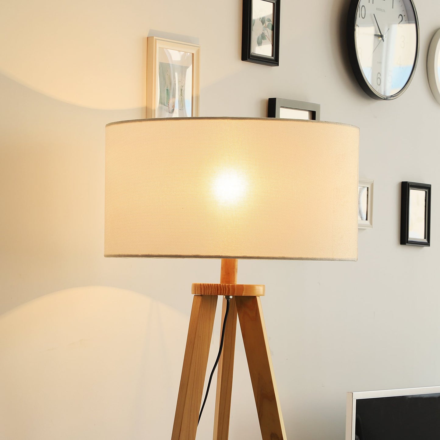Free Standing Floor Lamp, 50Lx50Wx154H cm-Beige/Natural Wood Colour