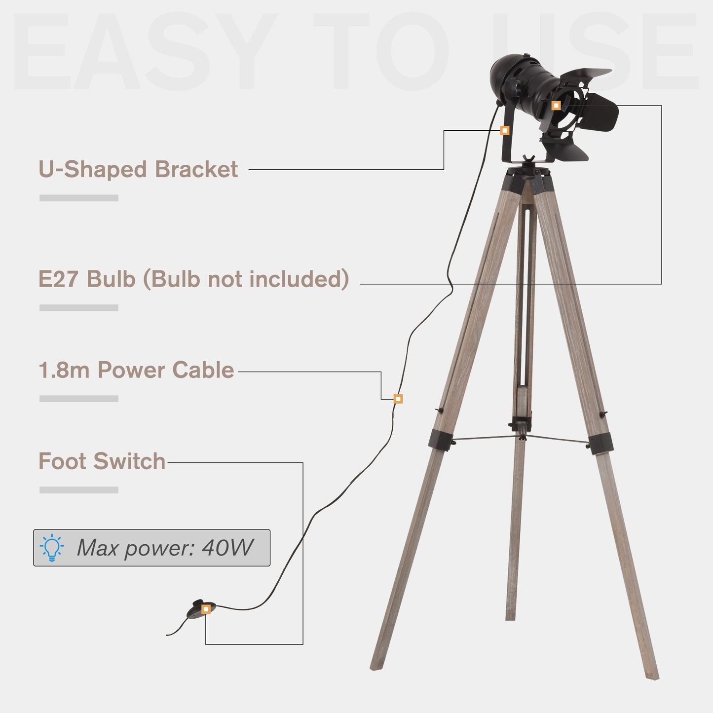 Industrial Style Tripod Floor Lamp Vintage Spotlight Reading Lamp w/ Wood Metal Legs E27 Base Versatile Use For Living Room Bedroom