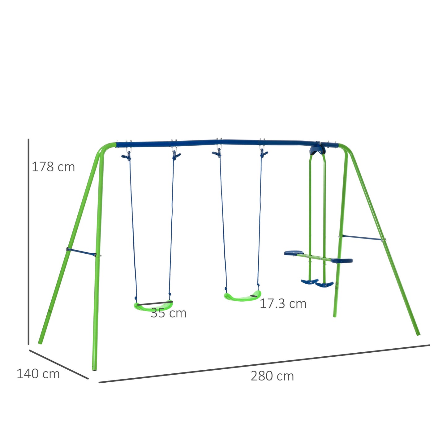 Outsunny Metal Swings & Seesaw Set Double Seats with a Height Adjustable Children Outdoor Backyard Play Set for Toddlers Over 3 Years Old, Green