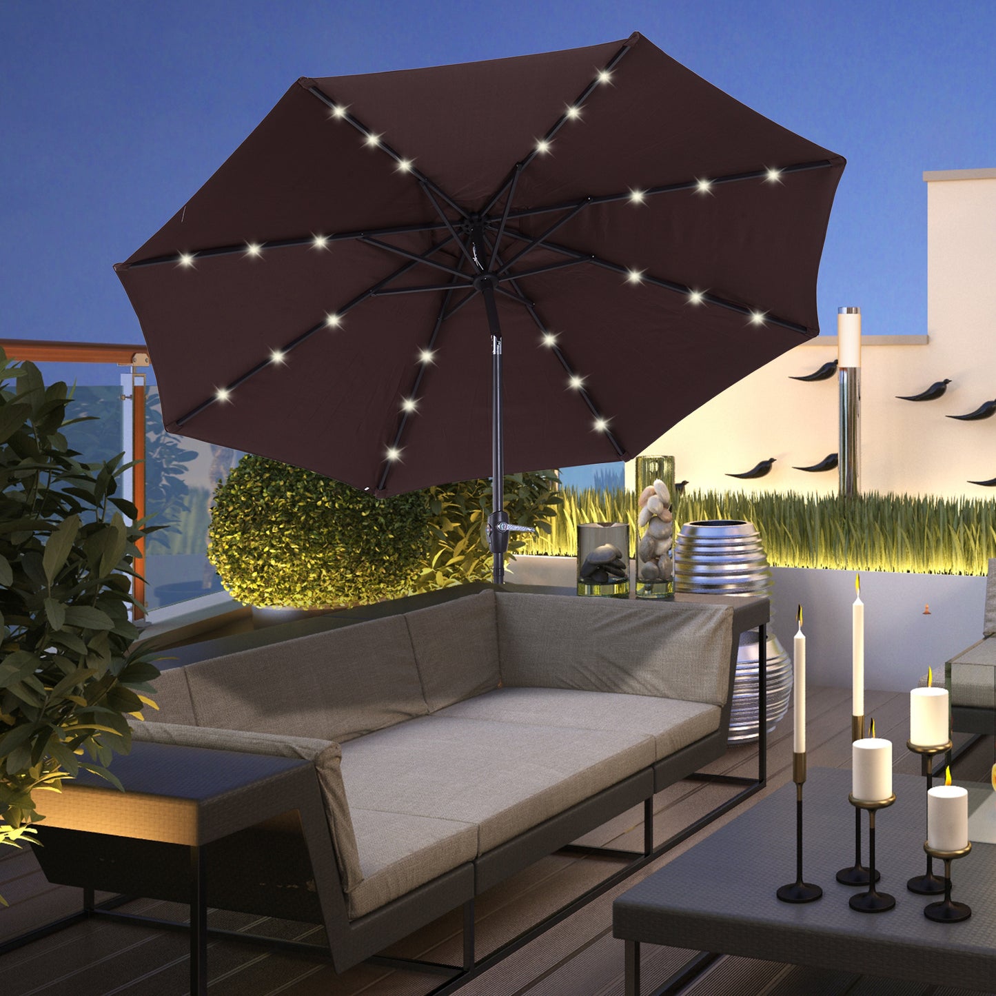 Outsunny Umbrella Parasol 24 Solar LED-Brown/Coffee