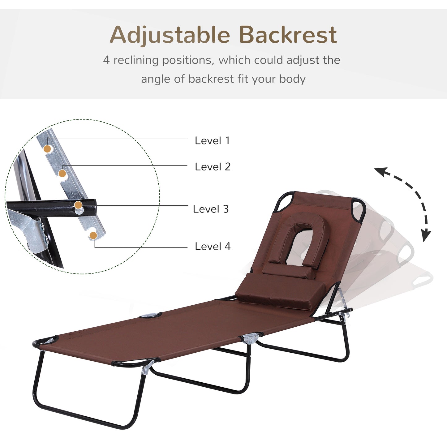 Outsunny Sun Lounger Foldable Reclining Chair with Pillow and Reading Hole Garden Beach Outdoor Recliner Adjustable Brown
