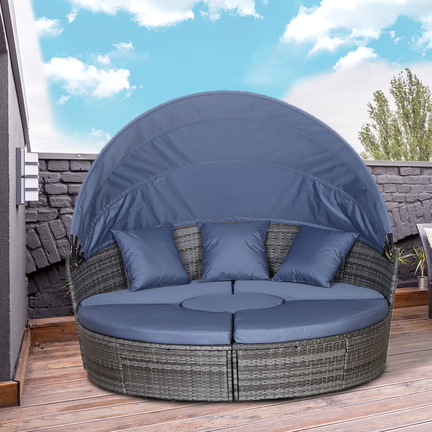 Outsunny 6-Seater Rattan Sofa Bed Garden Furniture Cushioned Wicker Round Sofa Bed with Coffee Table Patio Conversation Furniture Set - Grey