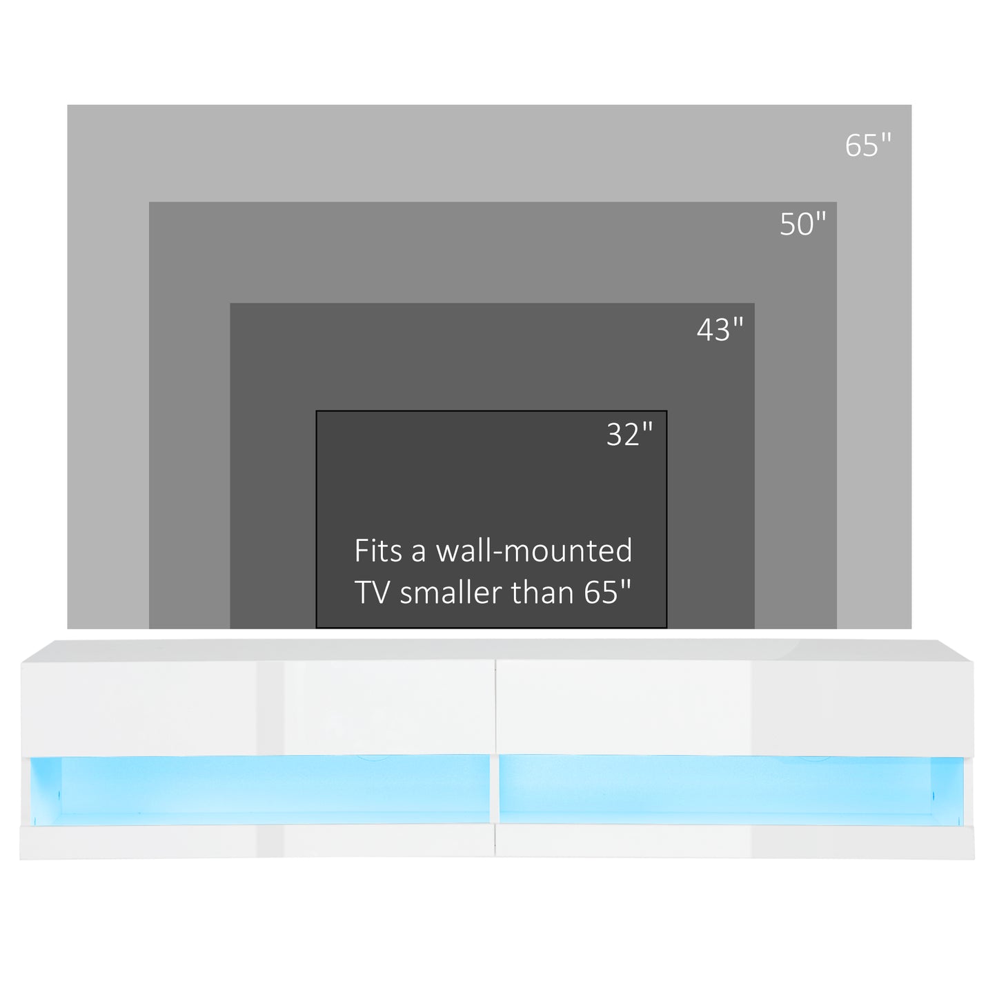 Wall Mounted TV Unit Cabinet for TVs up to 65" with LED Lights, 150 x 40 x 30cm, High Gloss White