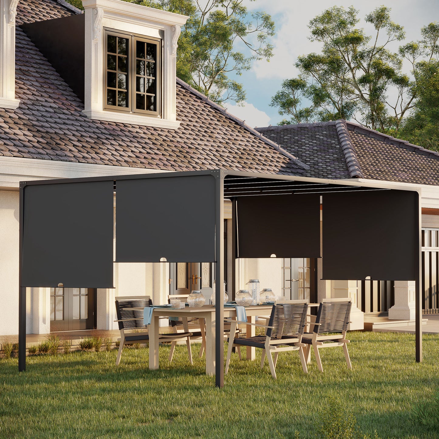 Outsunny 3m x 4m Metal Pergola with Retractable Roof, Outdoor Garden Pergola with LED Lights, Solar Powered, for BBQ, Lawn, Backyard, Dark Grey