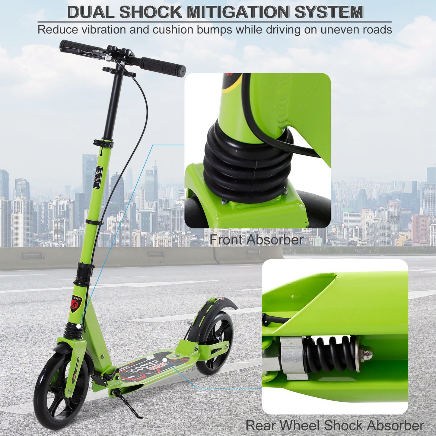 Teens Adult Kick Scooter Foldable Adjustable Aluminum Ride On Toy For 14+ w/ Dual Brake System, Shock Mitigation System - Green 95.5-110.5H CM
