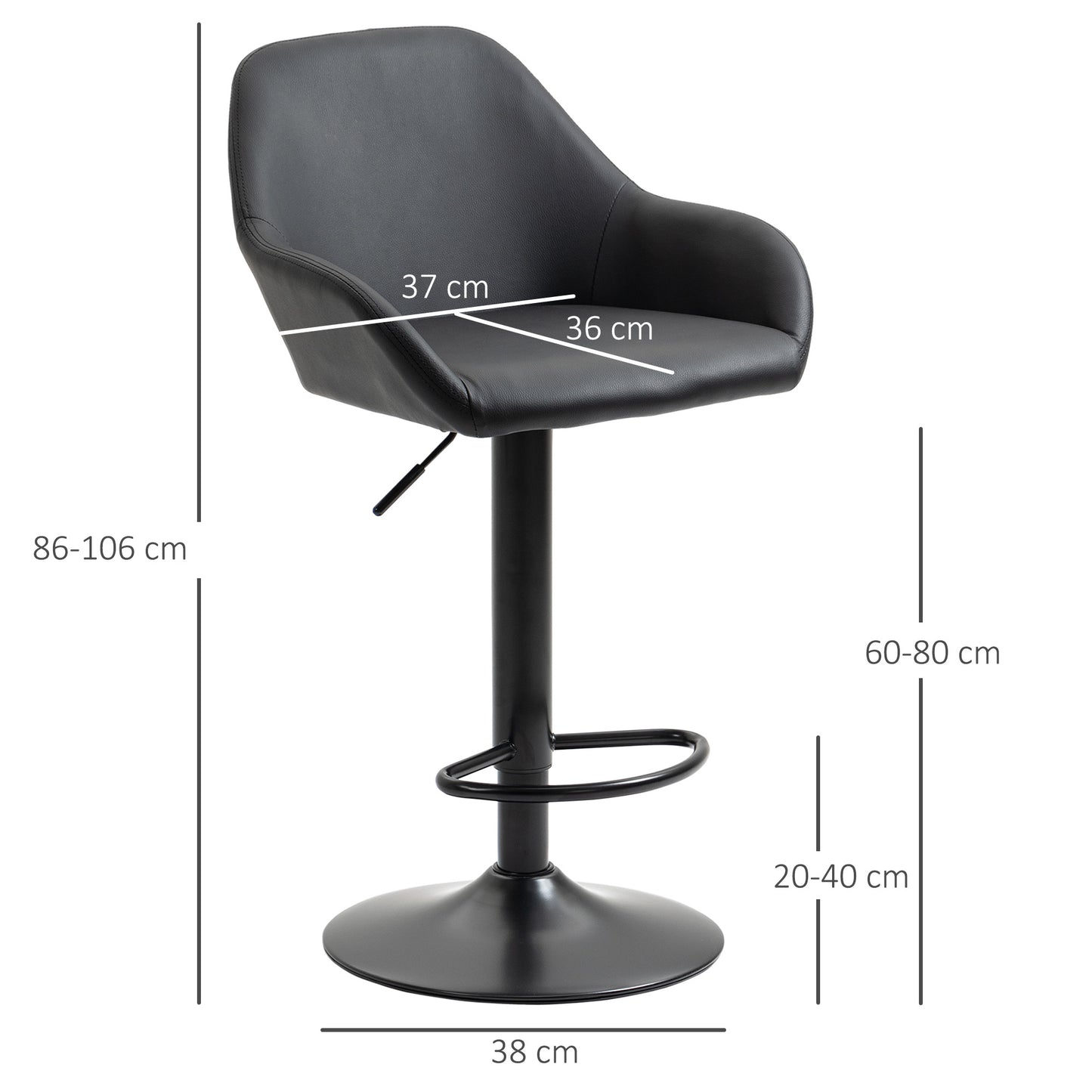 Bar Stools Set of 2, Swivel Barstools with Footrest and Backrest, PU Leather and Steel Base, for Kitchen Counter Dining Room, Black