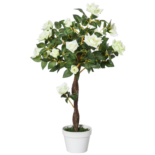 Outsunny 90cm/3FT Artificial Rose Tree Fake Decorative Plant w/ 21 Flowers Pot Indoor Outdoor Faux Decoration Home Office Décor White & Green