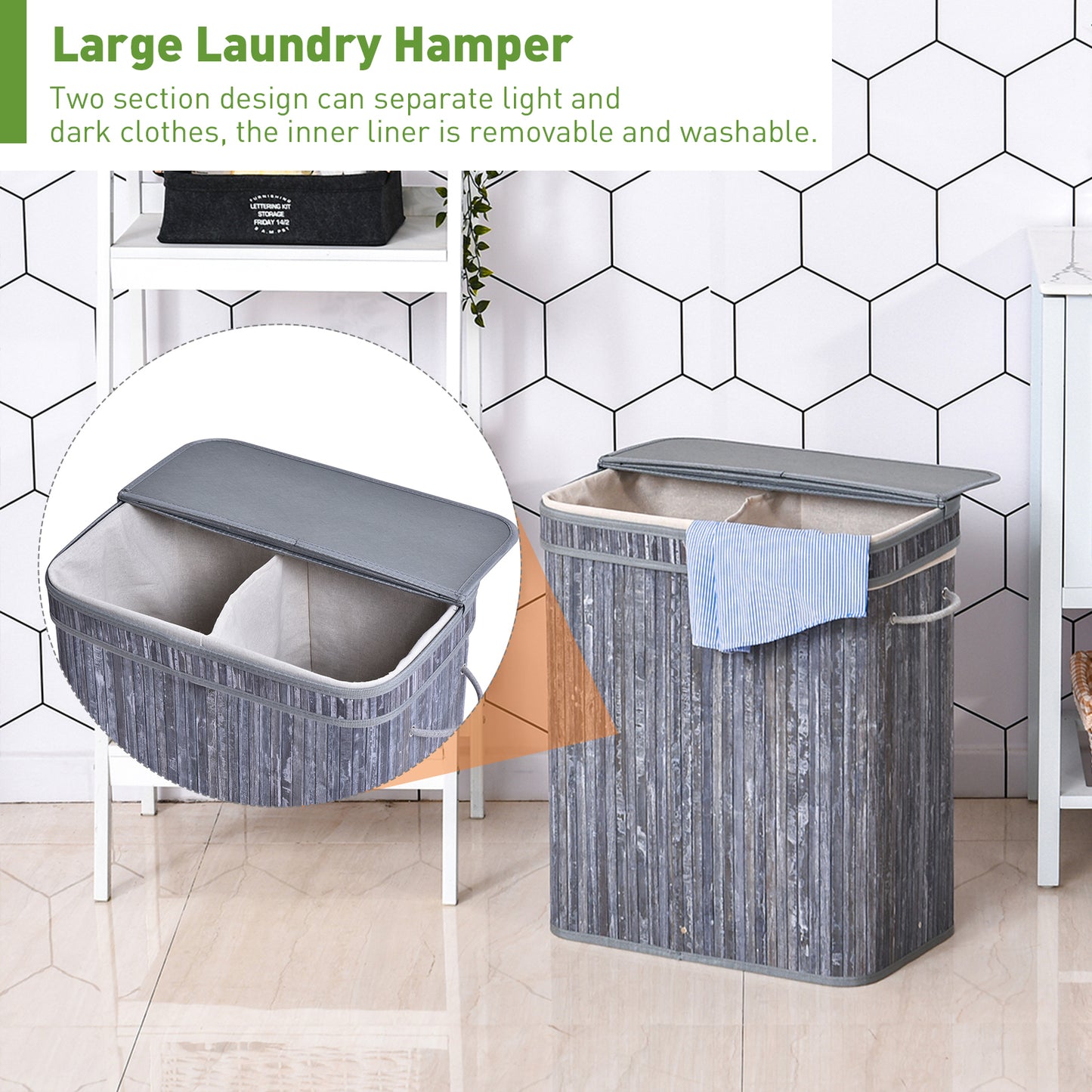 Wooden Laundry Basket w/ Split Compartment Lid Removable Lining Handles Air Holes Ventilation Durable Water-Resistant Clothes Storage Grey 100L