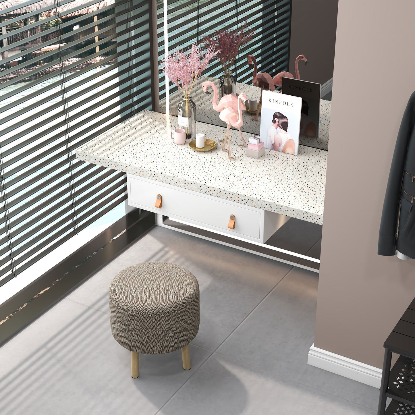 Round Ottoman Stool with Storage, Linen Fabric Upholstered Foot Stool with Padded Seat, Hidden Space and Wood Legs