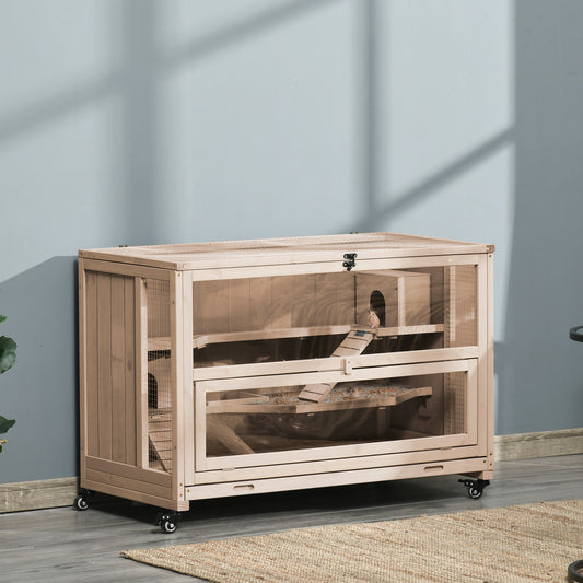 Wooden Hamster Cage, Mice Rodent Small Animals Kit Hutch, 3 Tiers Exercise Play House W/ Wheels, Bottom Tray, 99 x 50 x 69 cm, Natural Wood