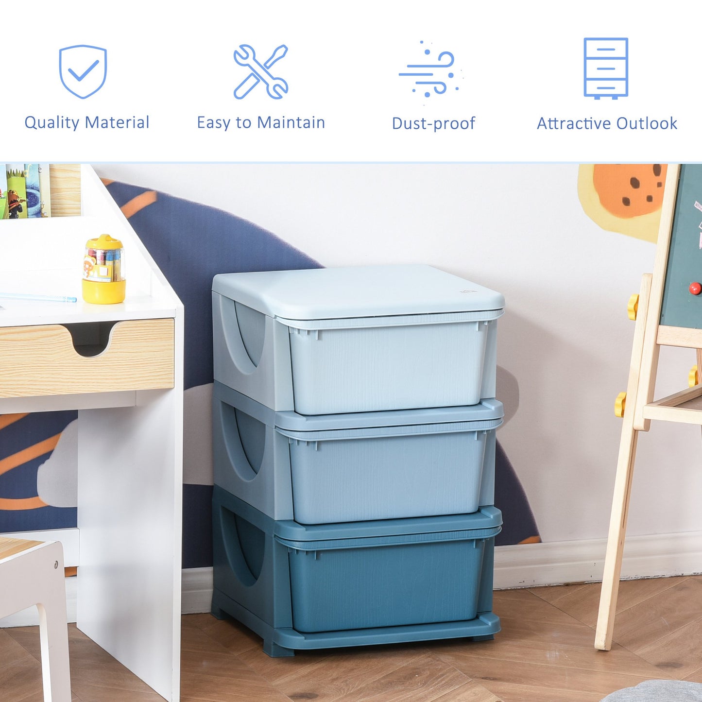 Kids Storage Units with Drawers 3 Tier Chest Vertical Dresser Tower Toy Organizer for Nursery Playroom Kindergarten Blue