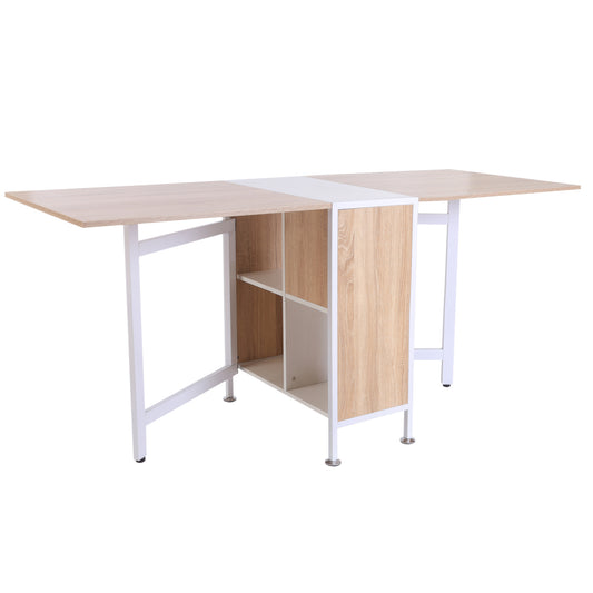 Retro Style Foldable Dining Table Folding Workstation for Small Space with Storage Shelves Cubes Oak & White