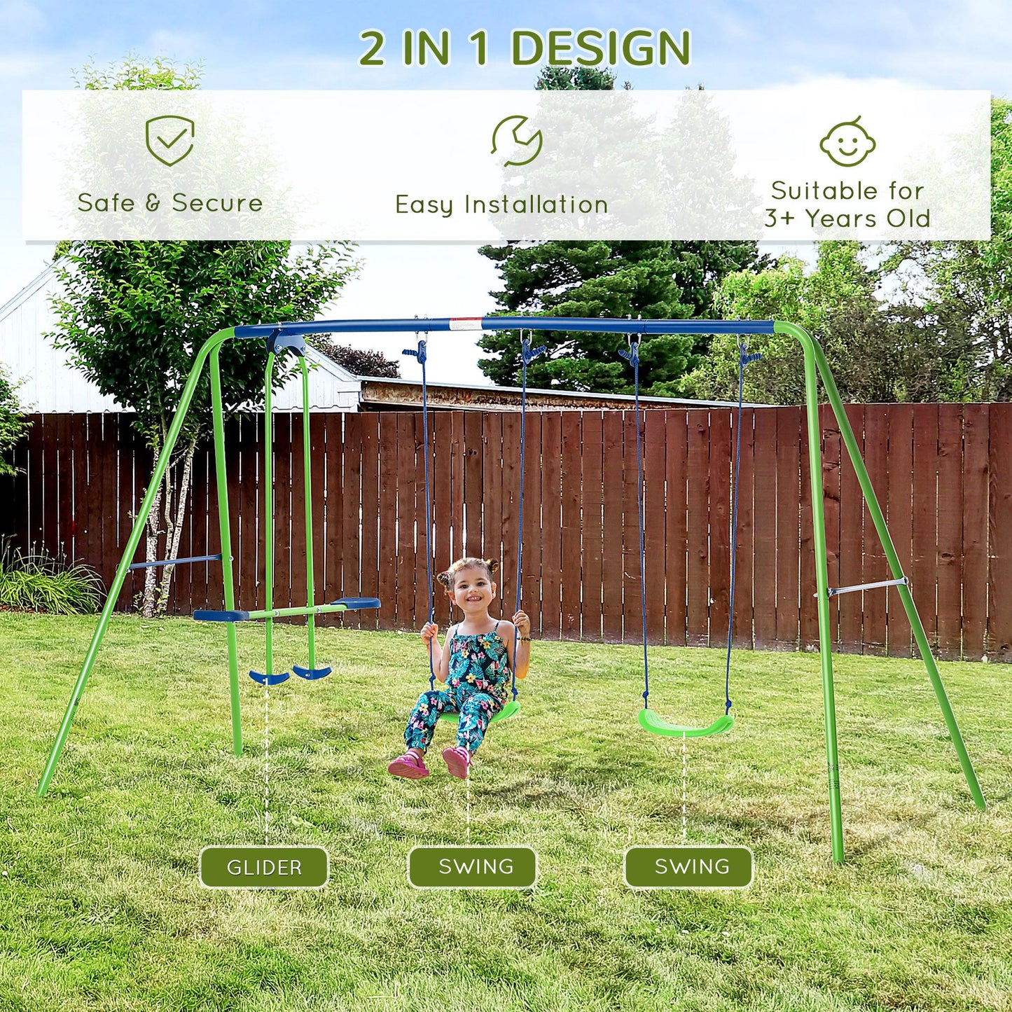 Outsunny Metal Swings & Seesaw Set Double Seats with a Height Adjustable Children Outdoor Backyard Play Set for Toddlers Over 3 Years Old, Green