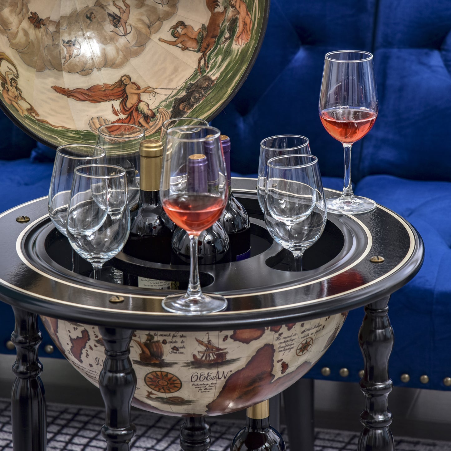 Unique Globe Drinks Cabinet Wood Frame 3 Compartments Bottles Glasses w/ Bottom Shelf 4 Wheels Elegant Antique Movable Safe Storage