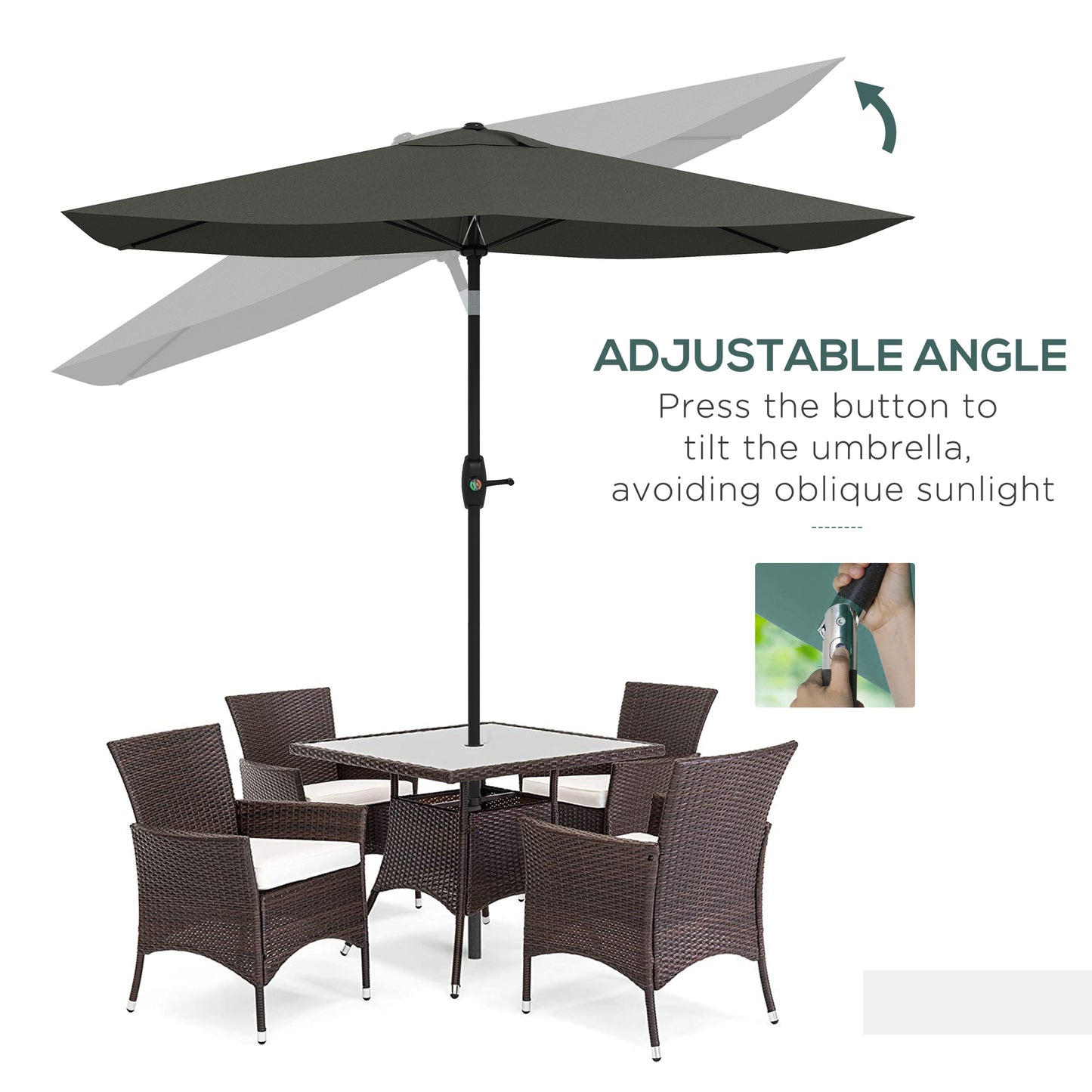 2 x 3(m) Garden Parasol Umbrella, Rectangular Outdoor Market Umbrella Sun Shade With Crank & Push Button Tilt, 6 Ribs - Dark Grey