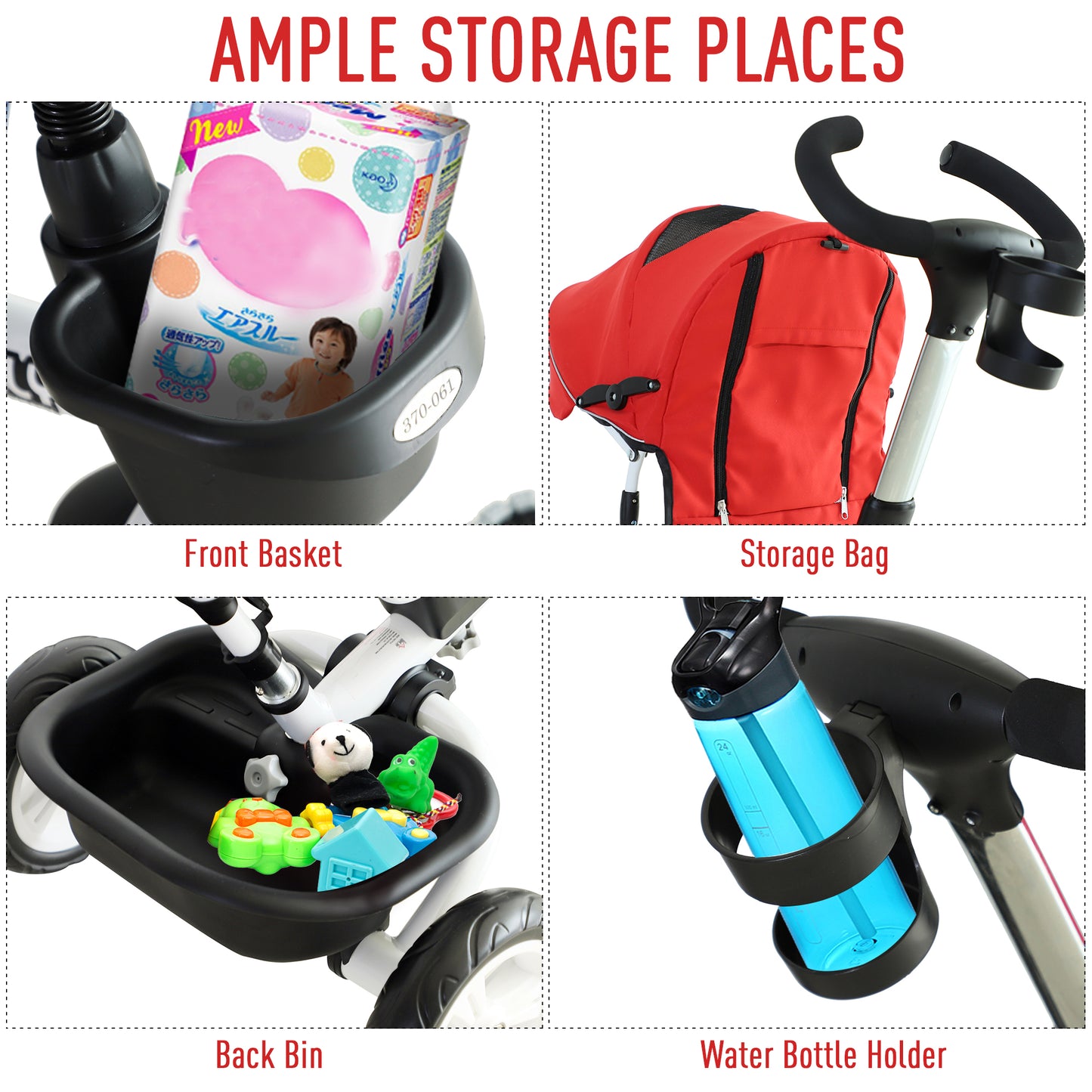 4-in-1 Kids Tricycle Stroller With Canopy-Red