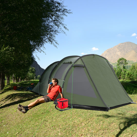 Outsunny Two Room Tunnel Tent Camping Tent for 3-4 Man with Windows, Covers, Carry Bag, for Fishing, Hiking, Sports, Green