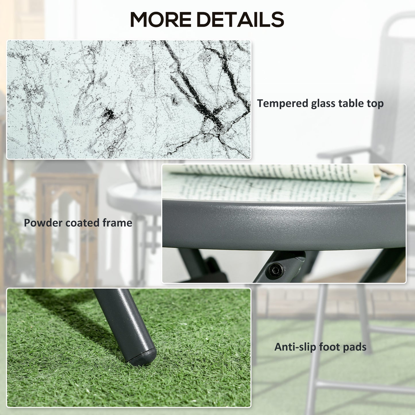 Outsunny Φ45cm Outdoor Side Table, Round Folding Patio Table with Imitation Marble Glass Top, Small Coffee Table, White